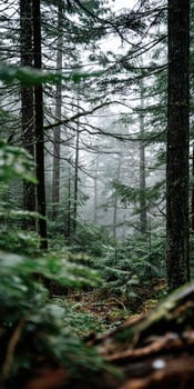 Misty forest path surrounded by tall trees photo