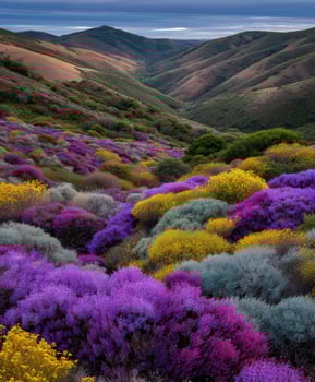 Vibrant wildflower landscape unfolds in rolling hills photo