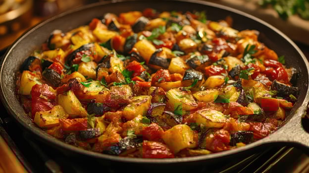 A skillet filled with a variety of roasted vegetables photo