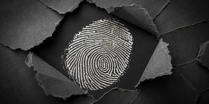 Unique Identity and Security Concept with Fingerprint on Black Ripped Paper for Business photo