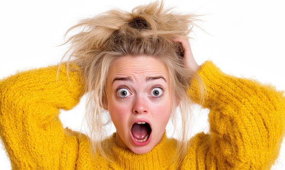 A woman in a yellow sweater is making a face photo