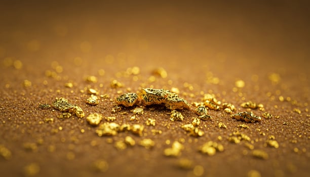 Gold nuggets on textured brown surface with golden particles and natural mineral richness photo