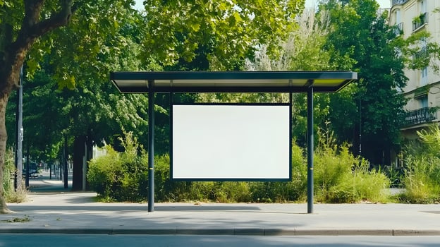 Bus stop shelter surrounded by greenery on a sunny day in a quiet urban area with a blank advertisement board for potential promotion opportunities photo