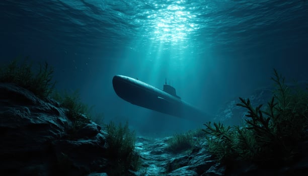Underwater exploration of a submarine ocean depths digital art mysterious environment dramatic lighting photo