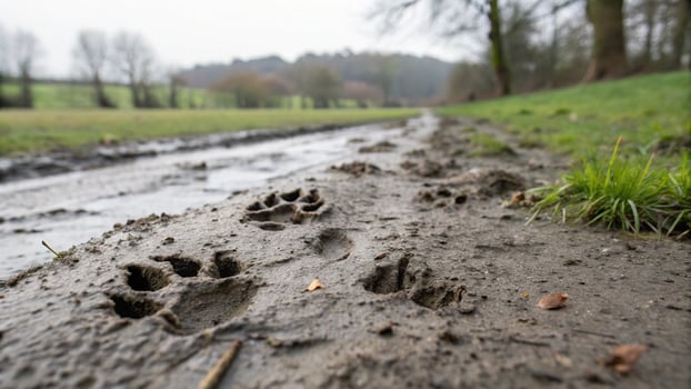 A muddy trail with dog prints in the grass photo