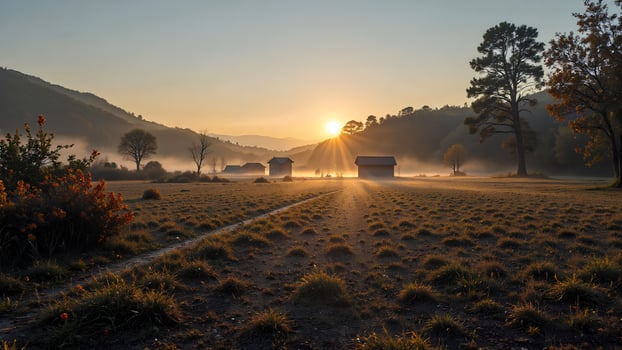 Serene Sunrise Over Rural Landscape with Misty Valley and Cabins photo