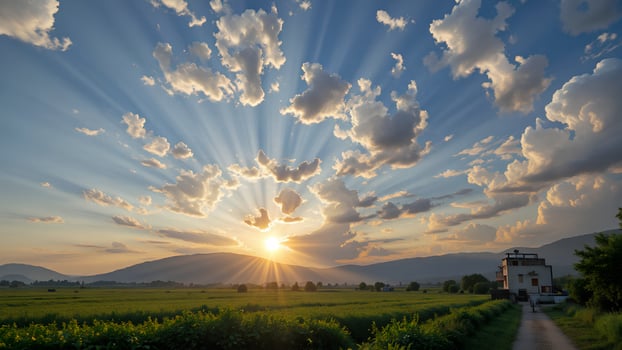 Serene Sunrise Over Landscape with Dramatic Cloud and Light Rays photo