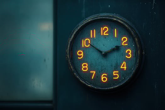Vintage wall clock showing time with glowing numbers in a dimly lit room photo