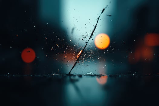 Raindrop splashes on glass surface during rainy evening in urban setting photo