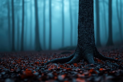 Mystical tree in a foggy forest with autumn leaves covering the ground at twilight photo