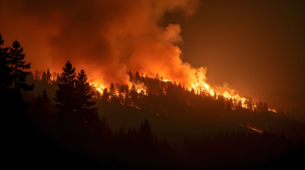 A wildfire is burning in the forest at night photo