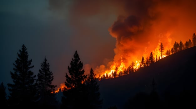 A wildfire is burning in the mountains photo
