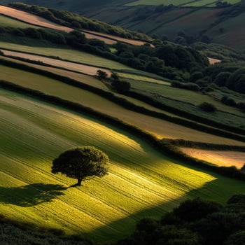Rolling hills with solitary tree in evening light photo