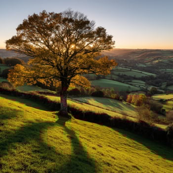 Beautiful sunset view over rolling hills in autumn photo