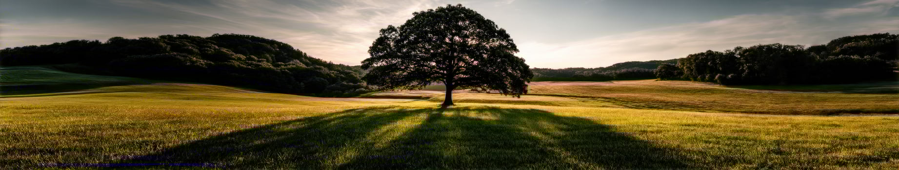 Expansive landscape with a solitary oak tree at sunset photo