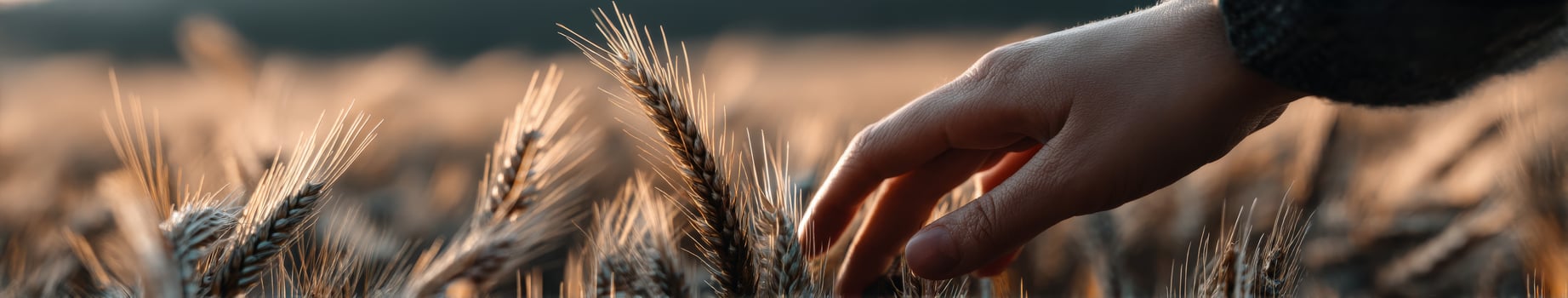 Hand brushes ripe wheat at sunset photo