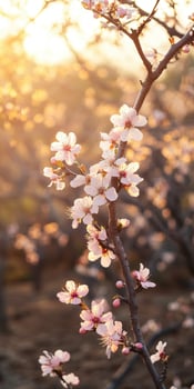 Blossoming cherry trees in golden sunset light photo