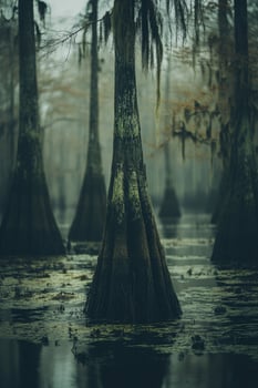 Mysterious cypress trees in tranquil swamp waters photo