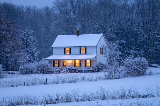 Cozy Snow-Covered Farmhouse at Dusk. Warm interior lights glow invitingly against the winter landscape. photo