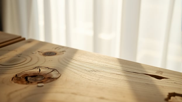 Wooden Table Top Close-Up with Window Light and Simple Background photo