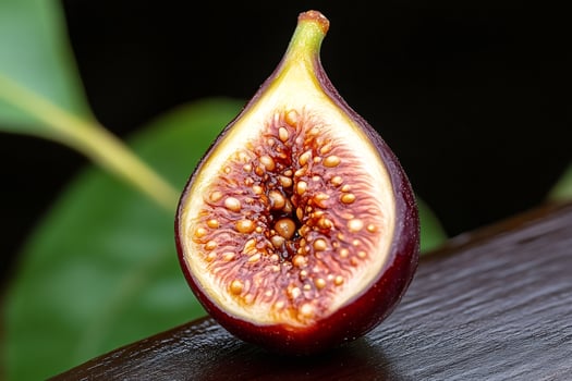 Half fig showing seeds resting on dark wooden surface photo
