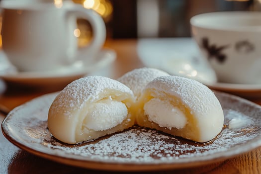 Delicious Mochi Dessert with Cream Filling and Powdered Sugar on a Plate. photo