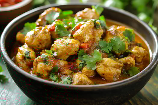 Close-up of Delicious Chicken Curry in a Bowl. A vibrant image perfect for food blogs, cookbooks, and restaurant menus. photo