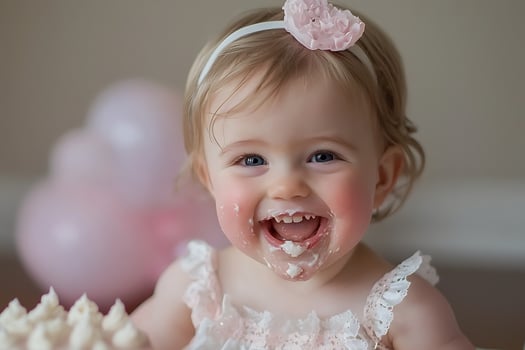 Happy Baby Girl with Cake on her Face at her First Birthday Party. photo