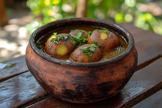 Delicious Kofta Curry in a Clay Pot A Close-Up Food Photograph. photo