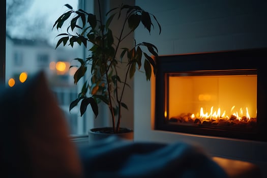 Cozy Home Interior with Fireplace and Houseplant at Night. photo