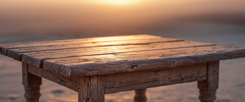 A wooden table bathed in the warm light of sunset. photo