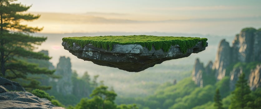 Suspended Mossy Rock Podium Floating Above a Serene Landscape With Lush Trees and Rocky Formations photo