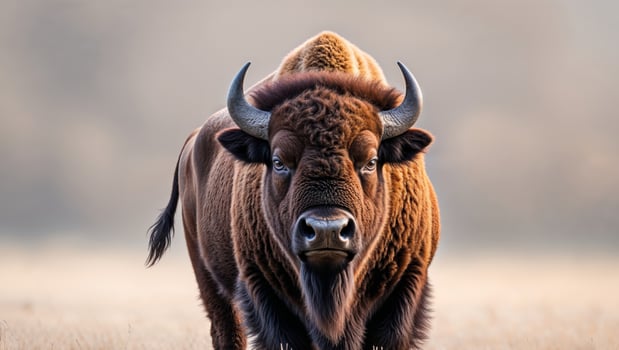 A large brown bison stares directly forward with intensity and focus. photo