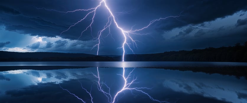 Intense Lightning Strike Illuminated Over Dark Lake during Nighttime Storm with Illuminated Reflection photo