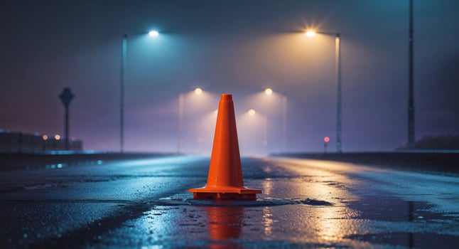 An orange traffic cone sitting on a wet road at night photo