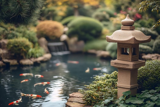 Serene Japanese Garden with Koi Pond and Stone Lantern. photo