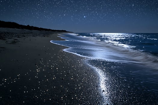 Starry Night Seascape Tranquil Ocean Waves on a Sandy Beach Under a Blanket of Stars. photo