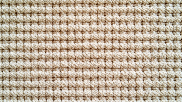 Close up view of woven beige carpet texture showing thick yarn fibers and repetitive woven pattern in soft lighting. photo