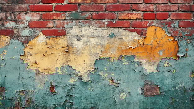 Grunge Brick Wall with Chipped Paint in Bright Contrasting Colors and Rough Surface Details photo