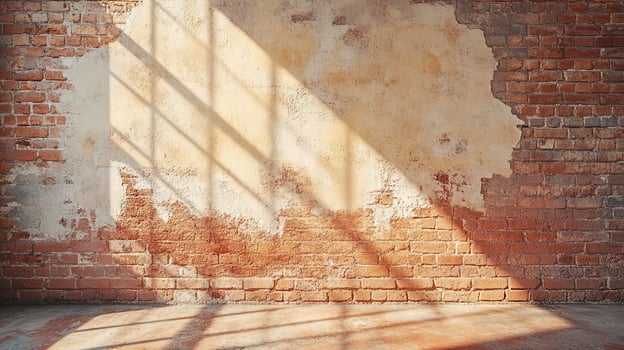 Sunlit Red Brick Wall with Cracked Peeling Plaster and Textured Surface in an Old Industrial Building photo