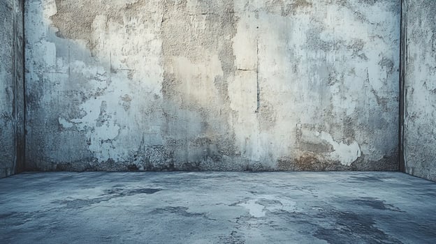 Abandoned Industrial Concrete Room with Weathered Blue-Gray Walls and Textured Floor photo