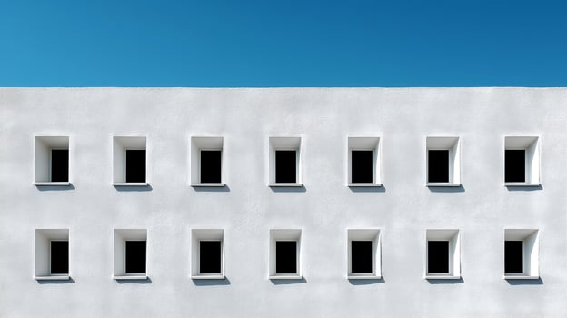 Brutalist building exterior rhythm recessed window frames concrete shadow depth monochrome art photo
