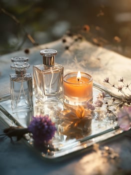 Delicate fragrance bottles with dried flowers and a glowing candle on a reflective surface in soft natural light photo