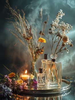 Elegant fragrance bottles surrounded by dried flowers and a glowing candle create a serene atmosphere photo