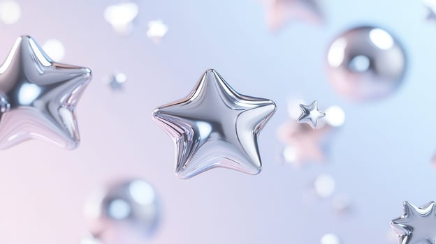 Shimmering holographic chrome stars evoking against soft pastel ethereal drifting pink, cosmic dreamscape photo