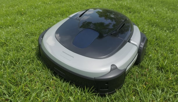 A robotic lawn mower resting on lush green grass, representing modern technology in gardening and outdoor maintenance. photo