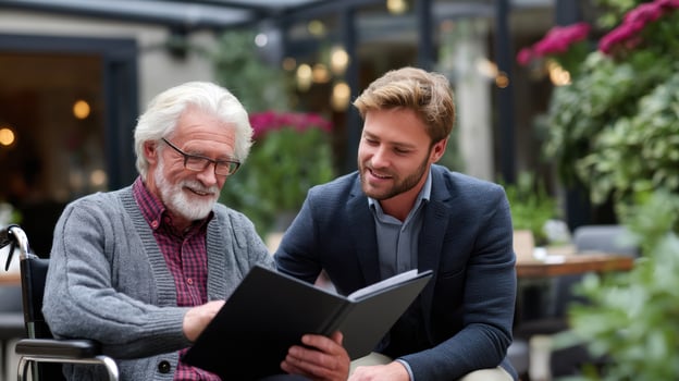 Elderly man in wheelchair sharing photo album with younger man, both smiling in serene garden setting