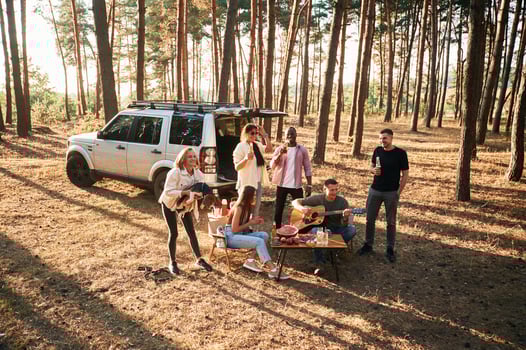 Against, the car. Group ,of friends are together in the forest photo