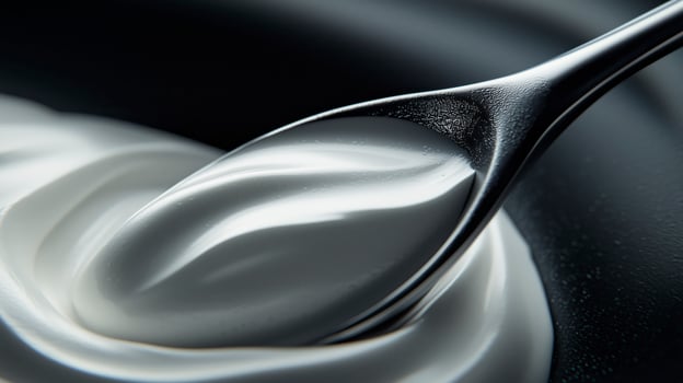 Natural yogurt on spoon, soft cream texture, top view photo