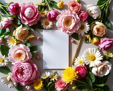 Colorful Floral Arrangement with Blank Note and Golden Pen photo